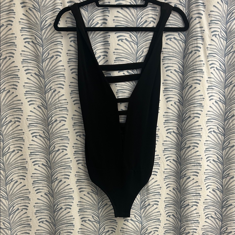BCBGMaxAzria Black Strappy Deep V Bodysuit